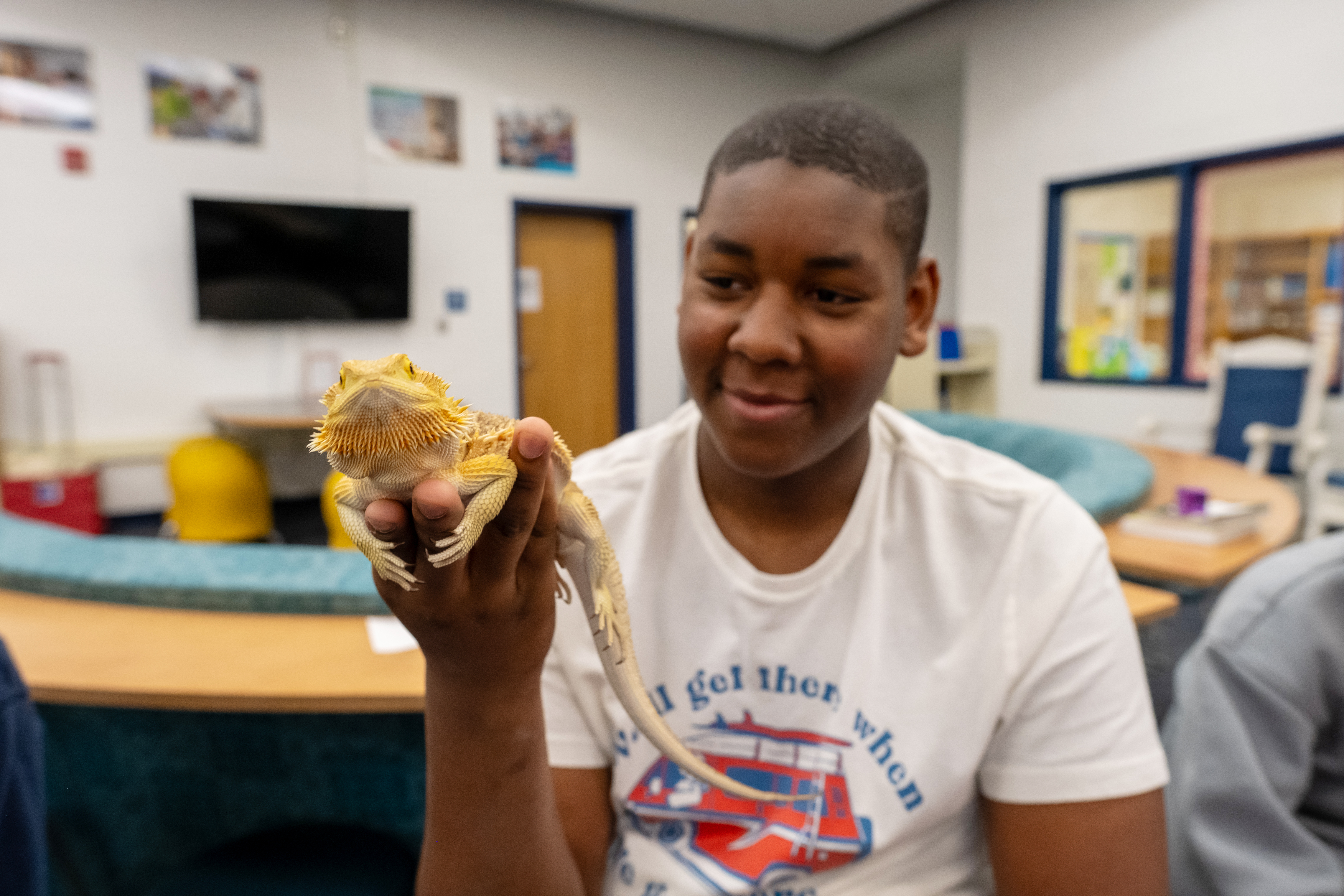 A student holds up a bearded dragon. 